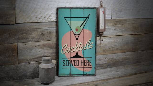 Cocktail Serving, Glass Decor, Fruit Drinks Day, Beach Fun Sign, Wooden Sale Wall Decor - Old Signs - image 1