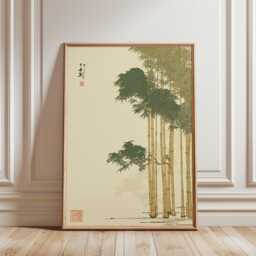 Japanese Bamboo Forest Poster Green Beige Wall Art Landscape Illustration Print Serene Asian Nature Home Decor, Vintage