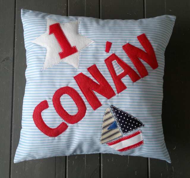 Baby Boys Personalised Name 1st Birthday Cushion Pillow New Christening Present Bedroom Nursery Decoration Blue Red Boat Nautical - image 1