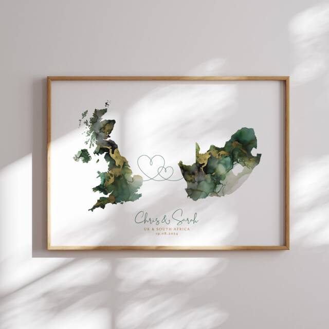 Personalised Map Print - Custom Two Countries Or Us States Sage Green & Gold Travel Wall Art Wedding Engagement Gift - image 1
