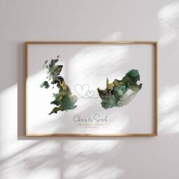 Personalised Map Print - Custom Two Countries Or Us States Sage Green & Gold Travel Wall Art Wedding Engagement Gift - thumbnail 1