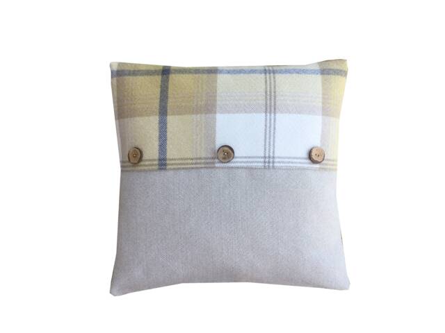 Balmoral Tartan Plaid Throw Pillow Cover Ochre, Grey, & Ivory With Coconut Buttons - image 1