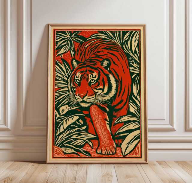 Tiger Jungle Wall Art, Red Posters, Bold Linocut Animal Prints, Safari Decor, Vintage Graphic Print - image 1