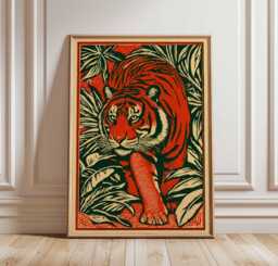 Tiger Jungle Wall Art, Red Posters, Bold Linocut Animal Prints, Safari Decor, Vintage Graphic Print - thumbnail 1