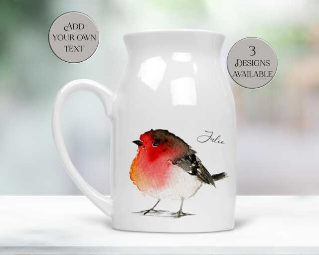 Watercolour Robin Milk Jug/Personalised Flower Vase - For Her, Memorial Keepsake, Christmas D??cor - image 1