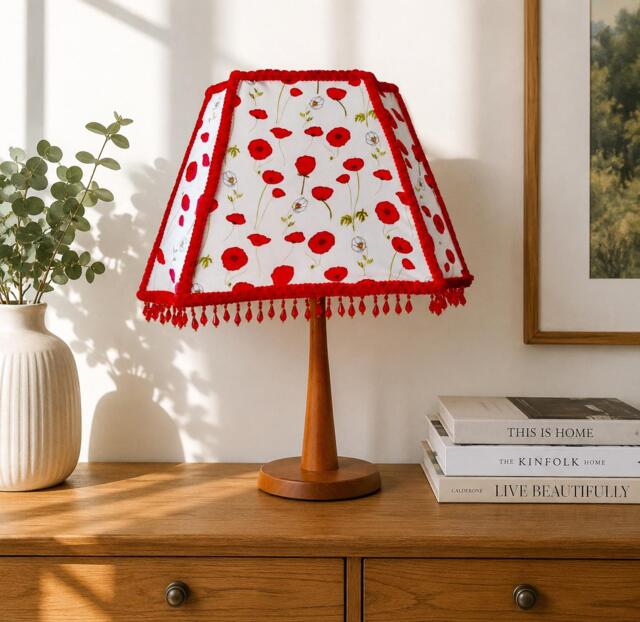 Red Poppy Beaded Fabric Vintage Style Lampshade, Beaded Trim, Bedside, Sideboard, Hall Table, Study, Living Room - image 1