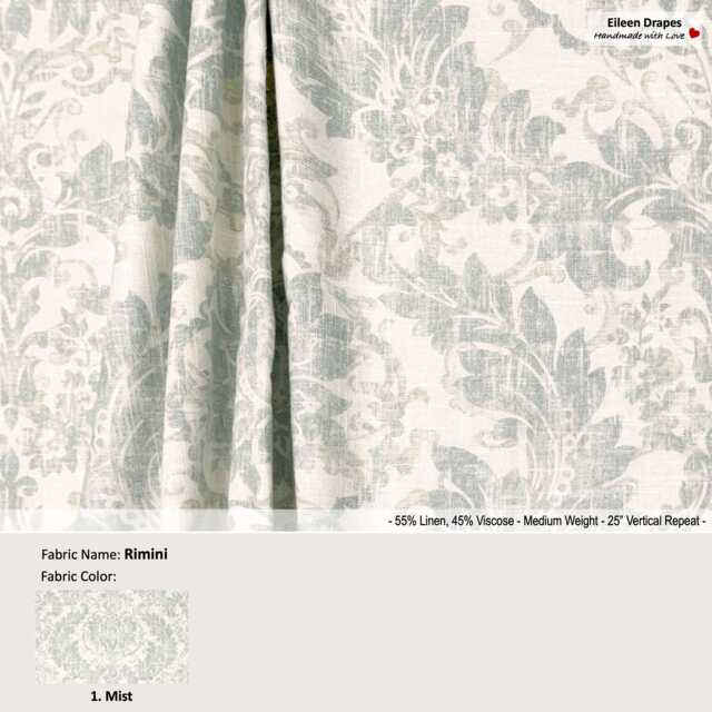 Rimini Color Mist Floral Flower Damask Ivory Green Blue Linen Blend Curtain, Valance Pleated, Lined Drapery Panel Offered As Upgrades - image 1