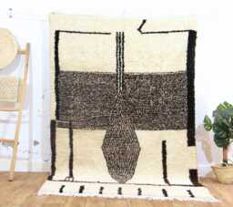 Handwoven Wool Moroccan Rug, Black & White Geometric Shag, Boho Carpet - thumbnail 1