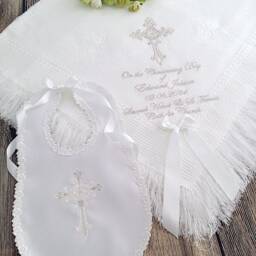 Baptizm Christening Blanket Shawl With Name, Cross, Designs For Boys Girls White Ivory Catholic Orthodox Many Also See Matching Bibs - thumbnail 4