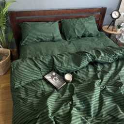 Green Striped Bedding Set - Duvet Cover & Pillowcases With Flat Or Fitted Sheet Custom Sizes Available - thumbnail 1