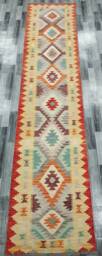 Traditional Runner Rug, Handmade Artisan Afghan Turkish Aztec Navajo Wool Kilim Rug 395x83 cm - thumbnail 1