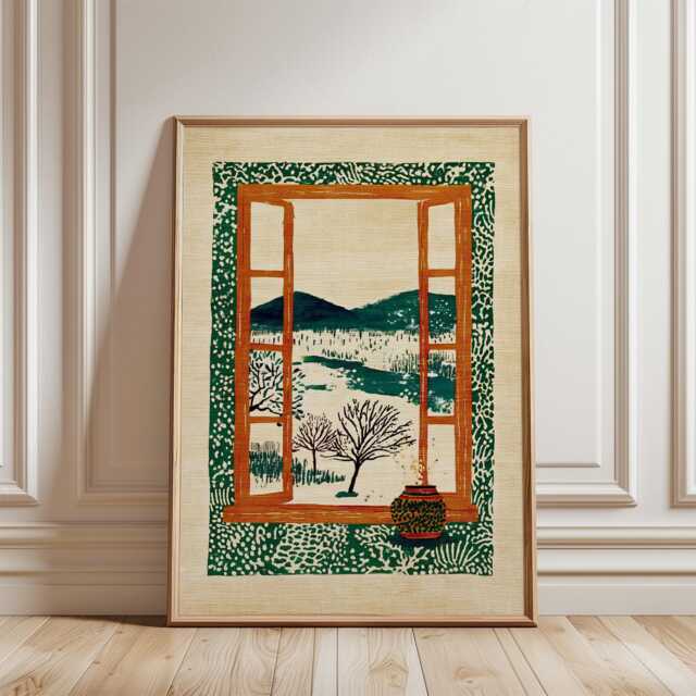 Green Window Landscape Poster - Folk Style Nature Illustration Rustic Botanical Wall Art - image 1
