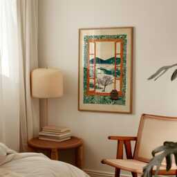 Green Window Landscape Poster - Folk Style Nature Illustration Rustic Botanical Wall Art - thumbnail 2