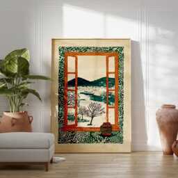 Green Window Landscape Poster - Folk Style Nature Illustration Rustic Botanical Wall Art - thumbnail 3