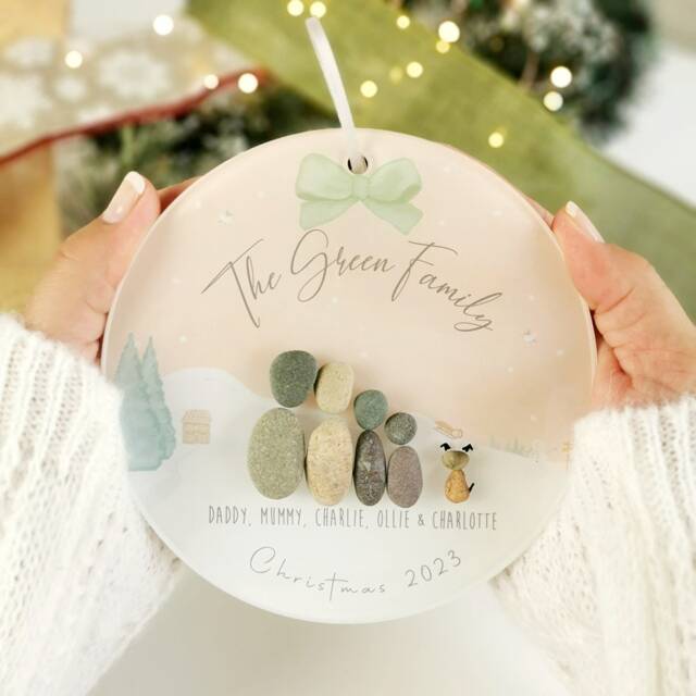 Personalised Christmas Bauble Pebble Hanging Decoration - Family Gift Merry & Bright - image 1