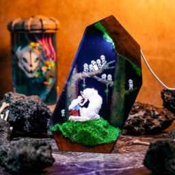Princess Mononoke Resin Lamp, San & Moro Epoxy Night Light, Fanmade Gh-Bli Diorama, Wood Desk Decor, Anime Gift For Her - thumbnail 4