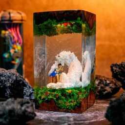 Princess Mononoke Resin Lamp, San & Moro Epoxy Night Light, Fanmade Gh-Bli Diorama, Wood Desk Decor, Anime Gift For Her