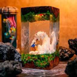 Princess Mononoke Resin Lamp, San & Moro Epoxy Night Light, Fanmade Gh-Bli Diorama, Wood Desk Decor, Anime Gift For Her - thumbnail 3