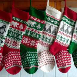 Hand Knit Christmas Stocking With Rabbit Design - Green Holiday Decor - thumbnail 2