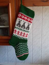 Hand Knit Christmas Stocking With Rabbit Design - Green Holiday Decor