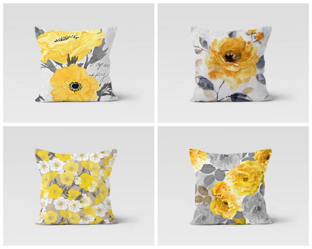 Yellow Grey Cushion Cover-Spring Pillow Case-Modern Decorative Case-Flower Cover-Gift For Her Cushion-Handmade Material - image 1