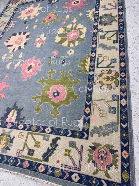 9x12 Blue Oushak Area Rug, 10x14 Pink Rug, Handmade Wool Navy Oushak, Sea Green Modern Oushak, 8x10 Oushak - image 1