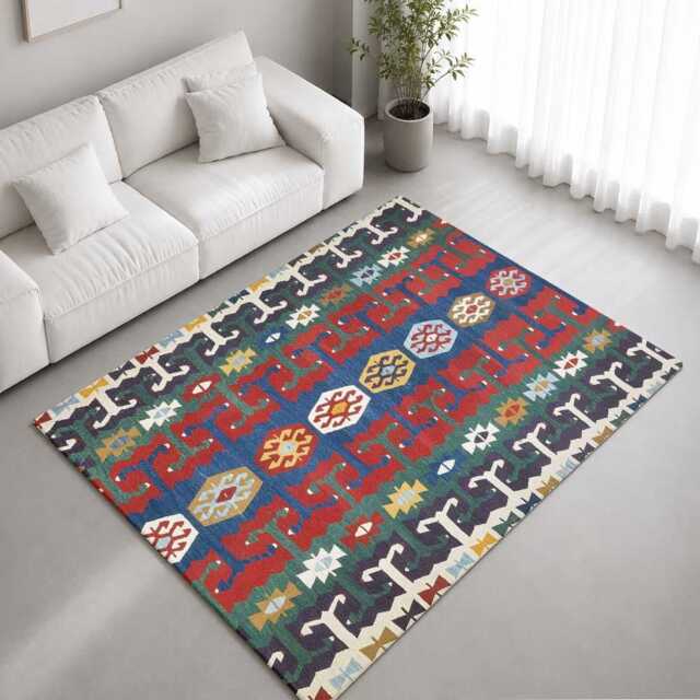 Red Blue Green Traditional Kilim Pattern Rug Non-Slip Soft Area Carpet Bedroom Living Room Hallway Mat Decor - Made in UK - image 1