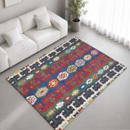 Red Blue Green Traditional Kilim Pattern Rug Non-Slip Soft Area Carpet Bedroom Living Room Hallway Mat Decor - Made in UK