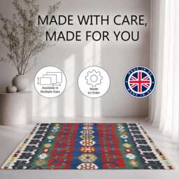 Red Blue Green Traditional Kilim Pattern Rug Non-Slip Soft Area Carpet Bedroom Living Room Hallway Mat Decor - Made in UK - thumbnail 2