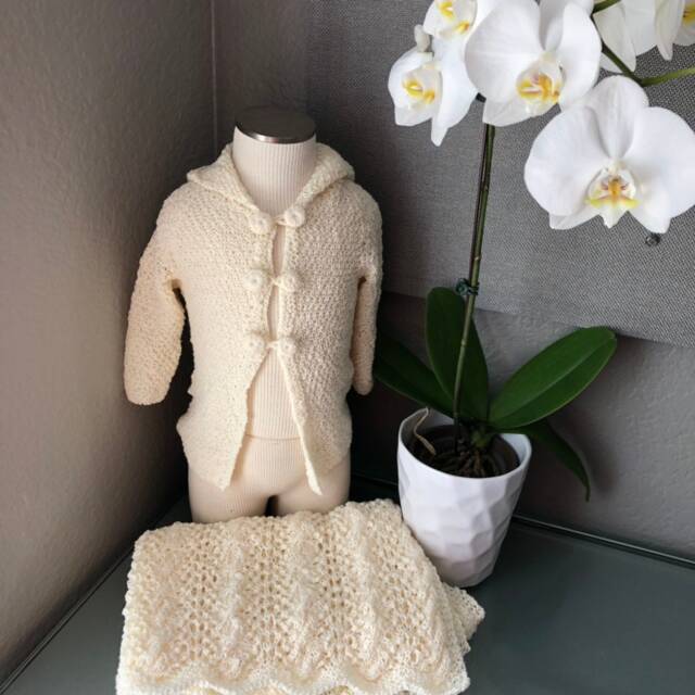 Knitted Baby Set, Blanket & Jacket, Ivory Baptism Party Wedding Ready To Ship - image 1