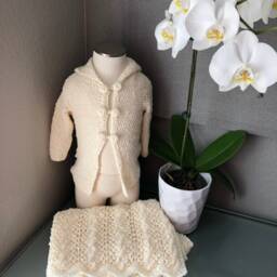 Knitted Baby Set, Blanket & Jacket, Ivory Baptism Party Wedding Ready To Ship - thumbnail 1