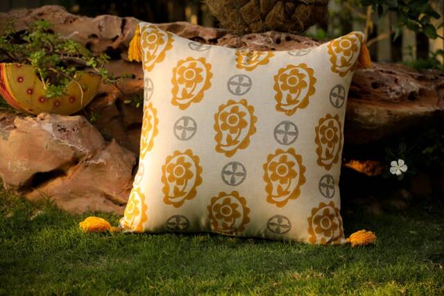 Contemporary Block Print Cushion Scandi Style Pure Natural Linen Pillow, Mustard Grey Decorative Pillow, Boho Decor Couch Cushion. Trendy - image 1