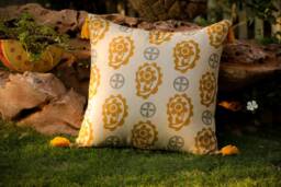 Contemporary Block Print Cushion Scandi Style Pure Natural Linen Pillow, Mustard Grey Decorative Pillow, Boho Decor Couch Cushion. Trendy - thumbnail 1