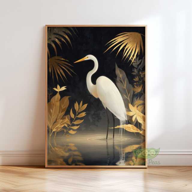 Elegant Heron Wall Art, Golden Botanical Bird Painting, Nature Inspired Home Decor, White Artwork, Modern Maximalist Animal Poster - image 1