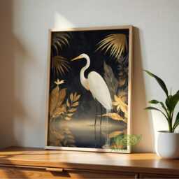 Elegant Heron Wall Art, Golden Botanical Bird Painting, Nature Inspired Home Decor, White Artwork, Modern Maximalist Animal Poster - thumbnail 3