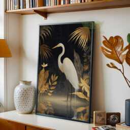 Elegant Heron Wall Art, Golden Botanical Bird Painting, Nature Inspired Home Decor, White Artwork, Modern Maximalist Animal Poster - thumbnail 2