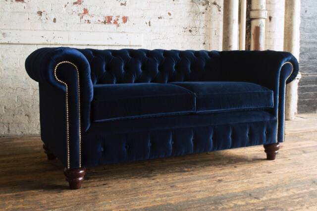 3 Seater Navy Blue Velvet Chesterfield Sofa, Settee, Couch, British Handmade - image 1