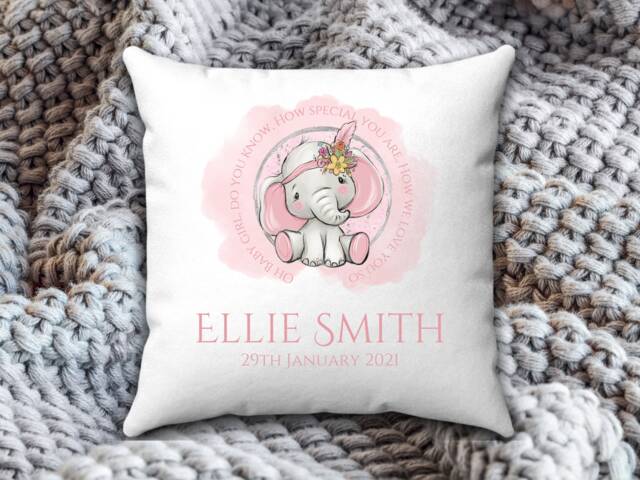 Personalised New Baby Cushion, Gift For Girl, Elephant Gift, Baby Girl Arrival Gift, Christening Gift Girls, Baptism Cushion - image 1