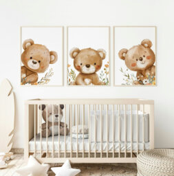 Teddy Bear Nursery Prints Playful Peek-A-Boo Decor - Set Of 3 - thumbnail 1
