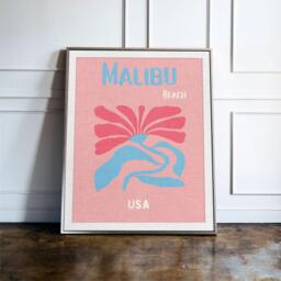 Malibu California Travel Poster, Colourful Beach Wall Art Print, Coastal Decor, Usa Summer Holiday Gift - thumbnail 1