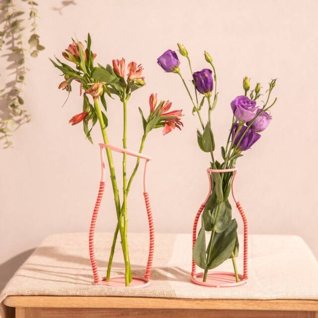 Pink Silhouette Metal Line Vase, Invisible Vases, Colorful Flower Handcrafted, Pots - image 1