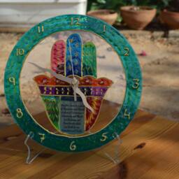 Colorful Unique Modern Wall Clock, Faux-stained Glass Hamsa Medium Size - thumbnail 2