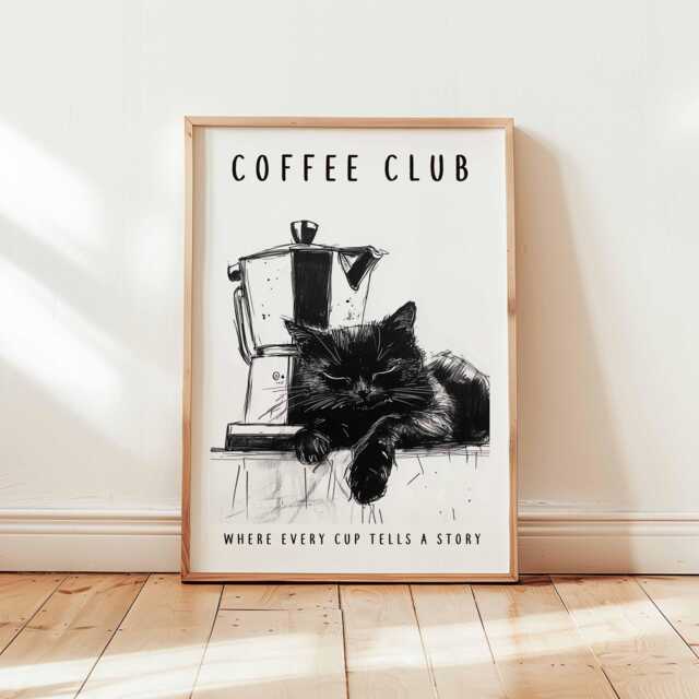 Coffee Club Cat Poster, Black Art Print, Moka Pot Sketch Wall Decor, Minimalist Cafe Kitchen Art, Unframed Feline Artwork - image 1