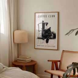 Coffee Club Cat Poster, Black Art Print, Moka Pot Sketch Wall Decor, Minimalist Cafe Kitchen Art, Unframed Feline Artwork - thumbnail 2