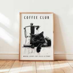 Coffee Club Cat Poster, Black Art Print, Moka Pot Sketch Wall Decor, Minimalist Cafe Kitchen Art, Unframed Feline Artwork - thumbnail 1