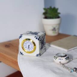 Cube Clock, Small Desk Clock in White & Blue, Ceramic Table Retro Style, Father's Day Gift Under 50 Idea - thumbnail 3