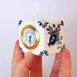 Cube Clock, Small Desk Clock in White & Blue, Ceramic Table Retro Style, Father's Day Gift Under 50 Idea