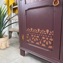 Vintage Carved Sideboard Painted Dark Plum Brown With Copper Detailing - thumbnail 4