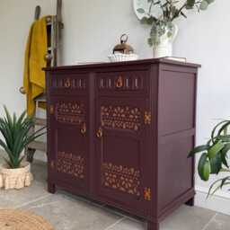 Vintage Carved Sideboard Painted Dark Plum Brown With Copper Detailing - thumbnail 2