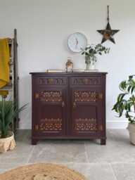 Vintage Carved Sideboard Painted Dark Plum Brown With Copper Detailing
